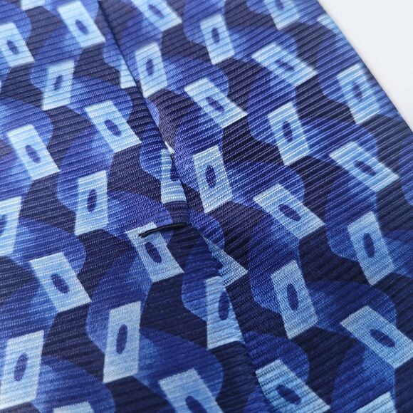 Bijoux Terner genuine silk tie blue geometric wave pattern 60in long 4in wide - Picture 4 of 8